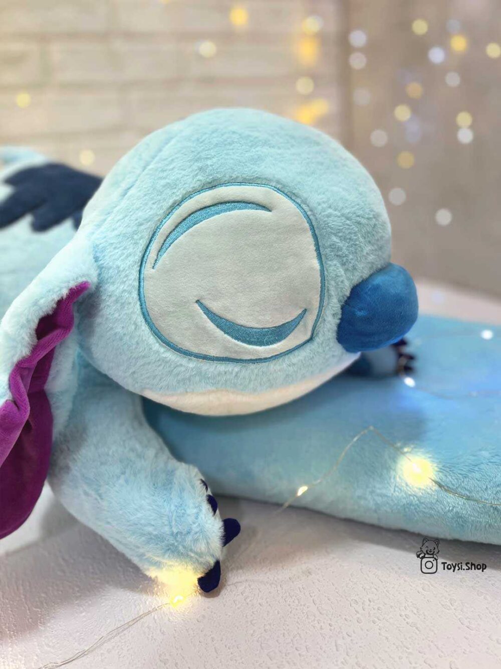 عروسک بالشتی پتودار استیچ عروسک پتوبالشت سیسمونی استیچ آبی خوابیده