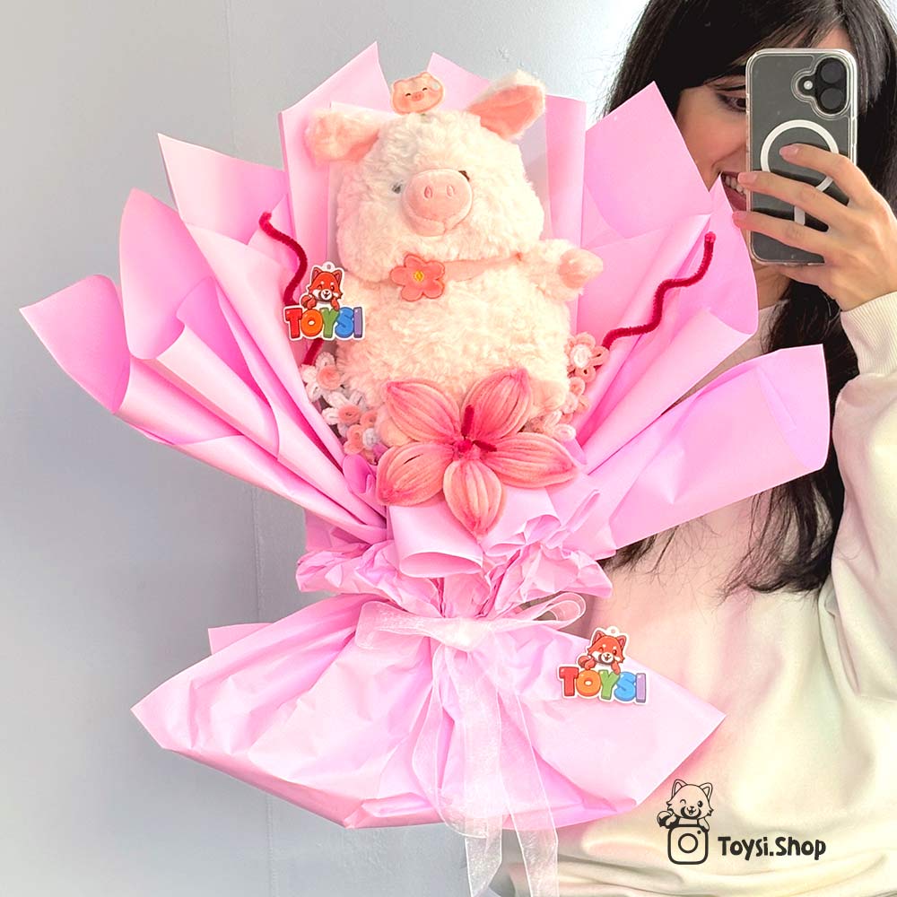 بوکت عروسکی خوک صورتی دسته گل عروسکی خوک صورتی
